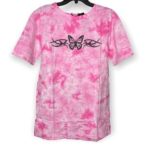 Pink Tie Dye Butterfly Tribal Graphic Print Short Sleeve Tee XSmall XS